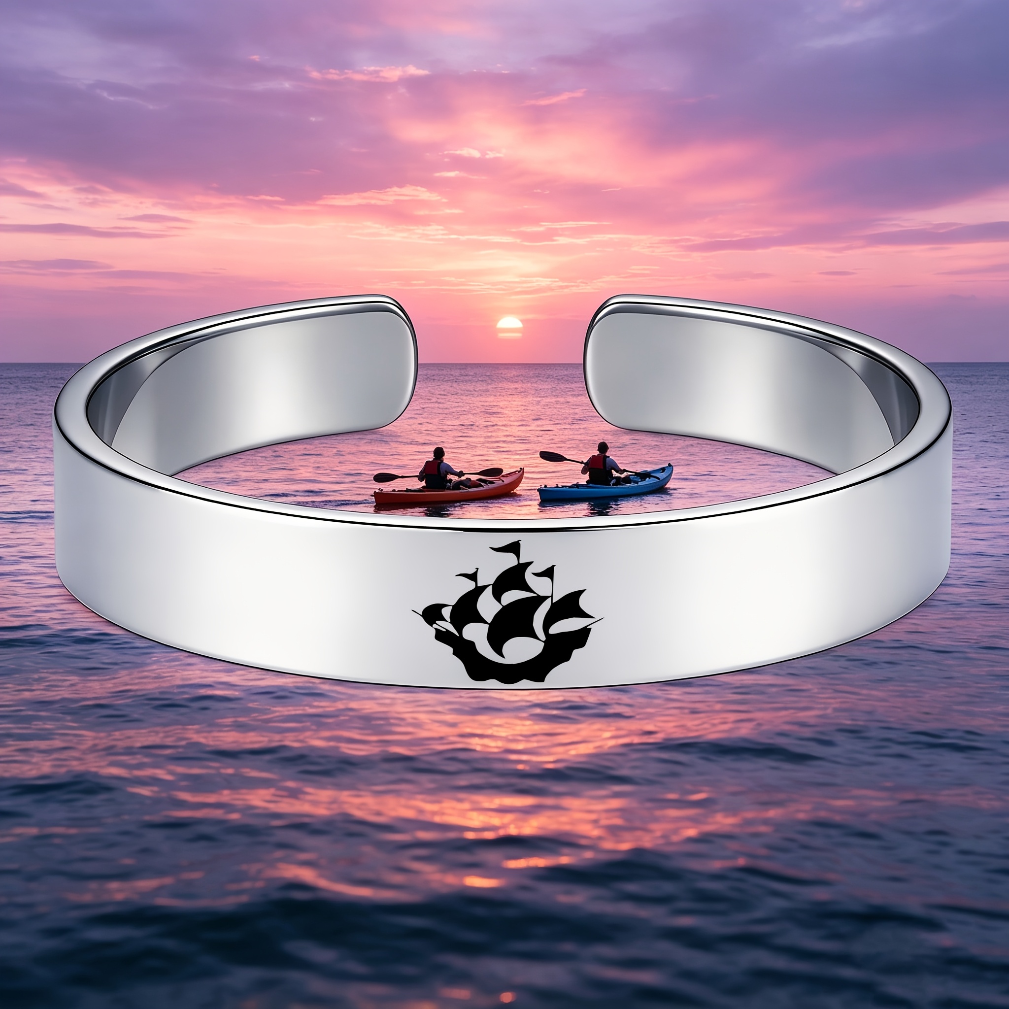 Vintage Nautical Classic Sailboat Stainless Steel Open Bangle